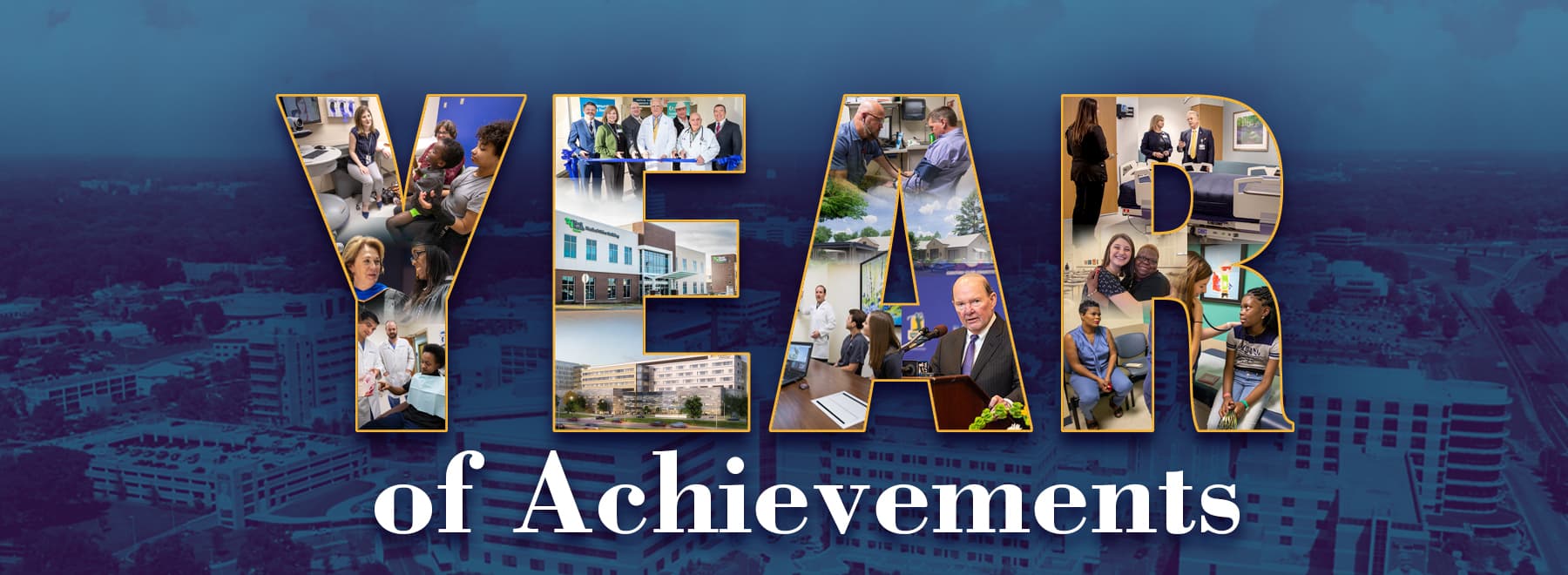 Title Year of Achievements with various UMMC news stories photo snippets within the "YEAR"